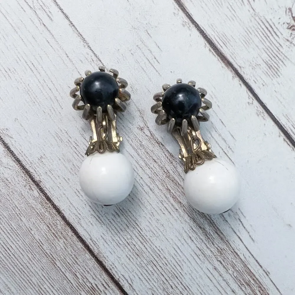 Vintage Clip On Earrings Large Chunky Black and Off White Dangle